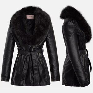 Faux fur lined leather mid trench coat